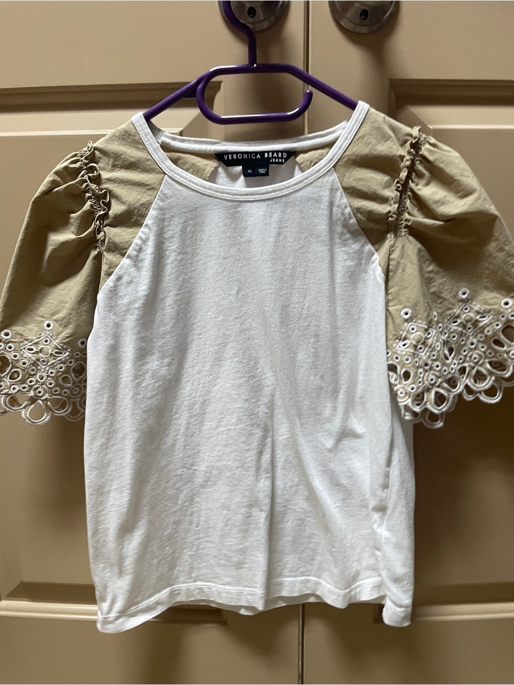 Veronica Beard White Tee with Tan Eyelet Puff Sleeves